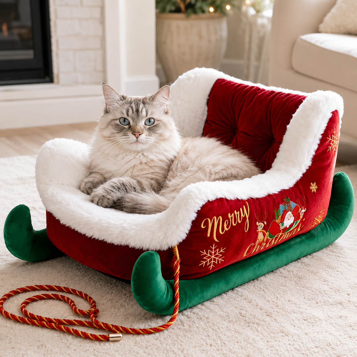 Cozy Christmas Sleigh Cat Bed