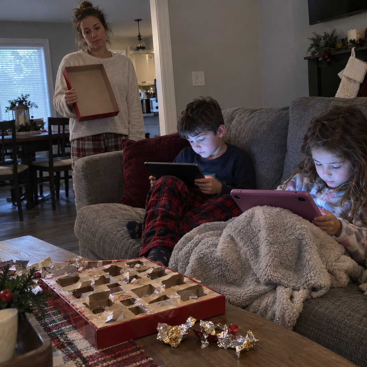 Kids distracted by screens after a chocolate advent calendar